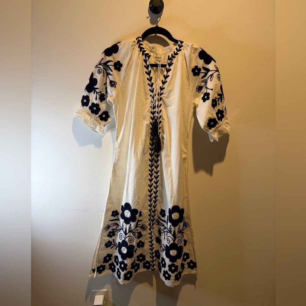 Charlee Embroidered White Cotton Dress with Navy Floral Detail